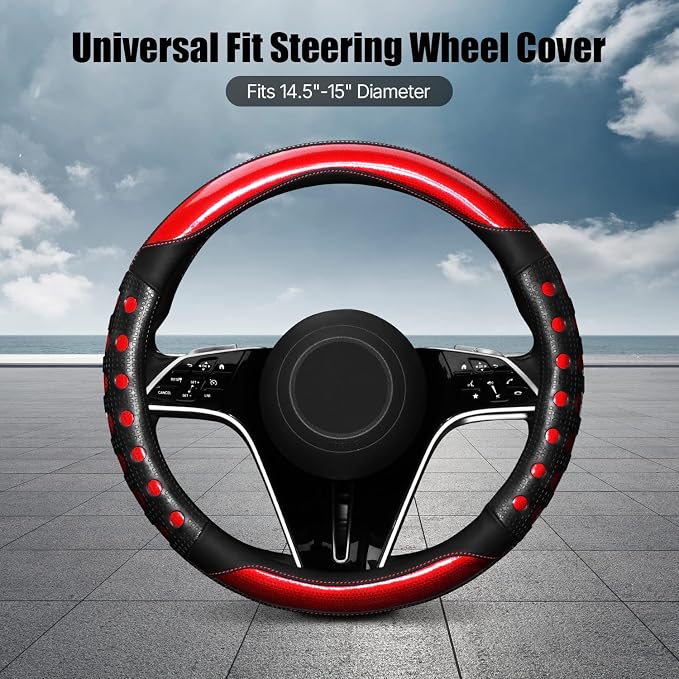 Hiseanllo Car Steering Wheel Cover, 14.5-15 Inch Universal Fit, Sporty Anti-Slip Leather Steering Wheel Protector with Glossy Color Accent, Comfortable Grip for Cars, SUVs, Trucks(Brown)