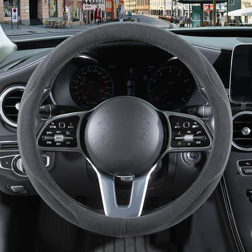 14 inch Gray Suede Steering Wheel Cover, Breathable Non-Slip Sweat-Proof Wear-Resistant No Pilling, Warm in Winter and Cool in Summer