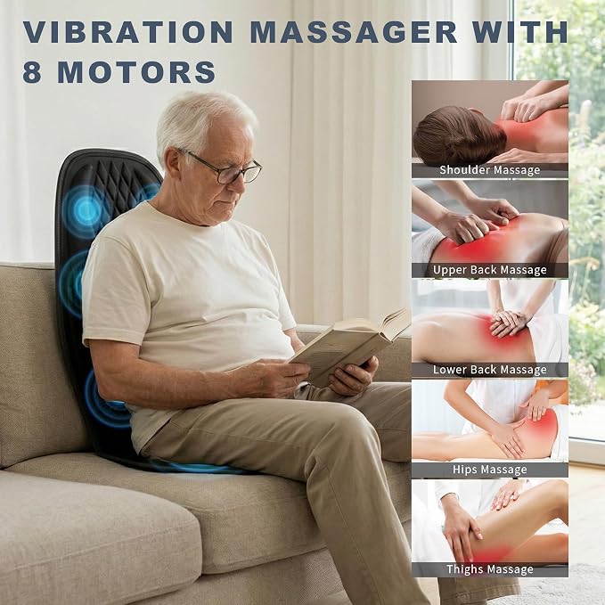 Back Massager with Heat, Massage Seat Cushion with 3D Back Traction, 8 Vibrating Motors Massager Chair Pad for Full Body Pain Relief, Ideal Gift for Father's Day/Parents/Friends Using in Office/Home