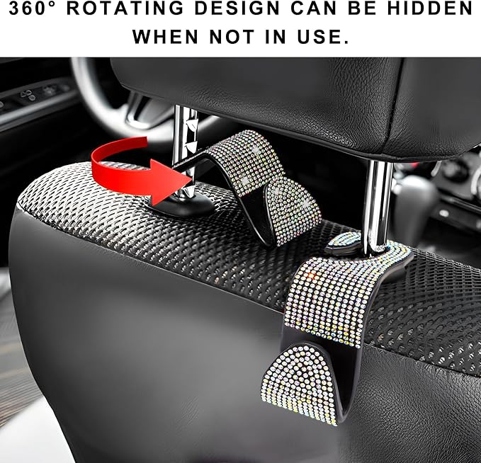 4 PCS Car Seat Headrest Hooks, Bling Crystal Rhinestone Back Seat Hanger Storage Organizer, Sparkly Seatback Holder Hooks for Purse and Bags Universal For Most Vehicles (Colorful)
