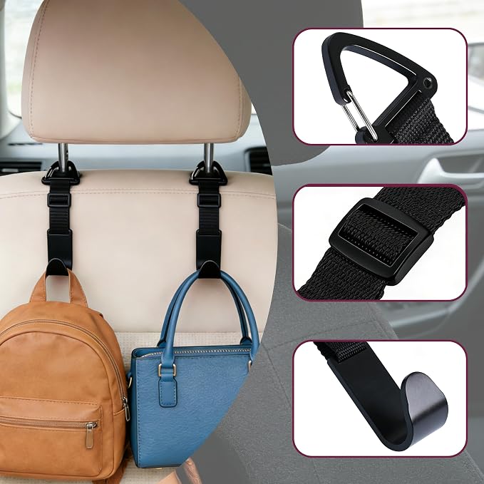 Adjustable 4-Pack Car Headrest Hooks - Universal Seat Back Organizer with Heavy-Duty Clip for Purses, Bags & Groceries Black