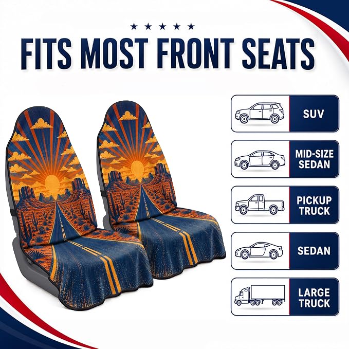 Car Seat Towel Cover 2 Pack for Front Seats, Sweat Absorbent Car Seat Protector with Non-Slip Backing, Waterproof Towel Car Seat Covers for Runners, Gym, Swimming, Beach, Desert Road Sunset