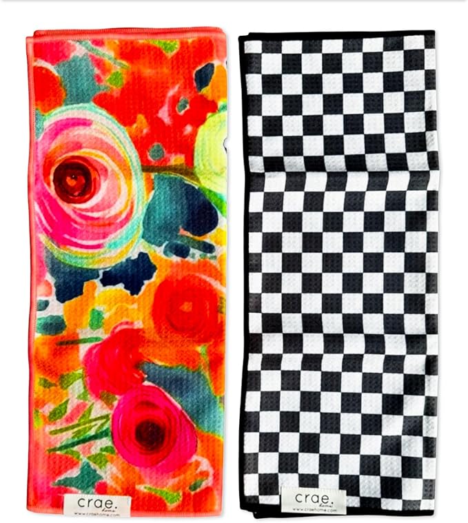 crae. Double Sided Microfiber Hand Towels, 17x27 Inches Waffle Design Kitchen Towels Set, Durable & Soft Fast Drying Hand Wash Cloth and Dishcloth Perfect for Everyday (Pia & Fonnie - Black/Pink)