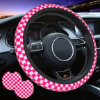 Checkered Hot Pink 3-Pc Car Set : Steering Wheel Cover + 2 Pc Car Coasters | neoprene Non-Slip Breathable Elasticity Universal 14.5 -15.5 Inch Car with Suitable Men Women