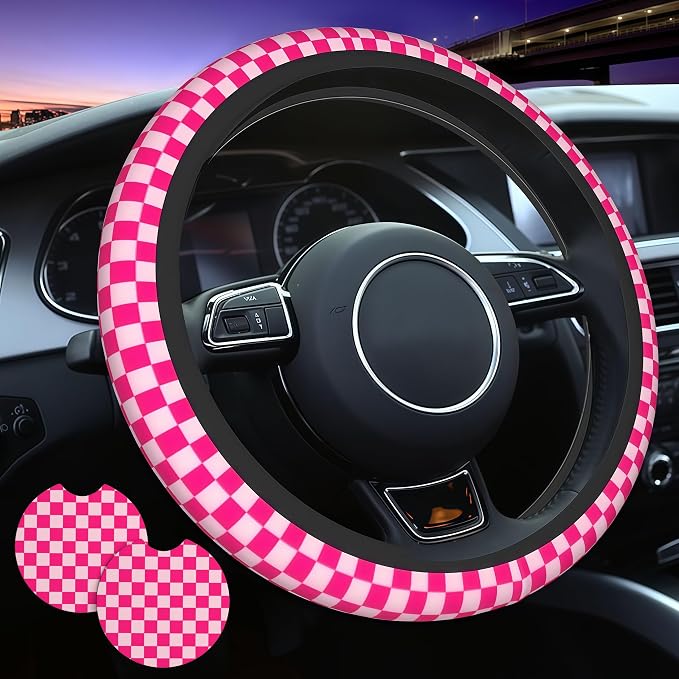Checkered Hot Pink 3-Pc Car Set : Steering Wheel Cover + 2 Pc Car Coasters | neoprene Non-Slip Breathable Elasticity Universal 14.5 -15.5 Inch Car with Suitable Men Women