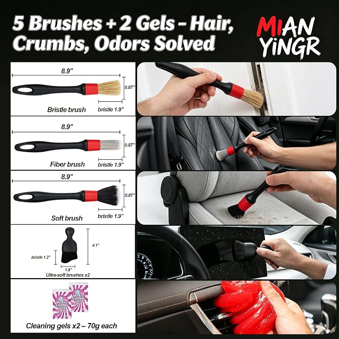 Windshield Cleaner Tool, 17Pcs Red Car Interior Detailing Kit – Stay in Seat, Inside & Out Streak-Free Clean, with Extendable Handle, Cleaning Gels & Brushes for Daily Cleaning, Pet Hair