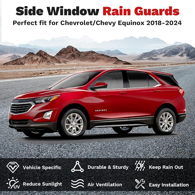 Equinox Rain Guards - Window Visors for Chevrolet/Chevy Equinox 2018-2024, Outside-Mount Tape-On Side Window Wind Deflectors for Equinox Accessories, Vent Visors Shades Rainproof Black 4PCS
