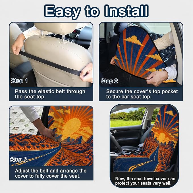Car Seat Towel Cover 2 Pack for Front Seats, Sweat Absorbent Car Seat Protector with Non-Slip Backing, Waterproof Towel Car Seat Covers for Runners, Gym, Swimming, Beach, Desert Road Sunset