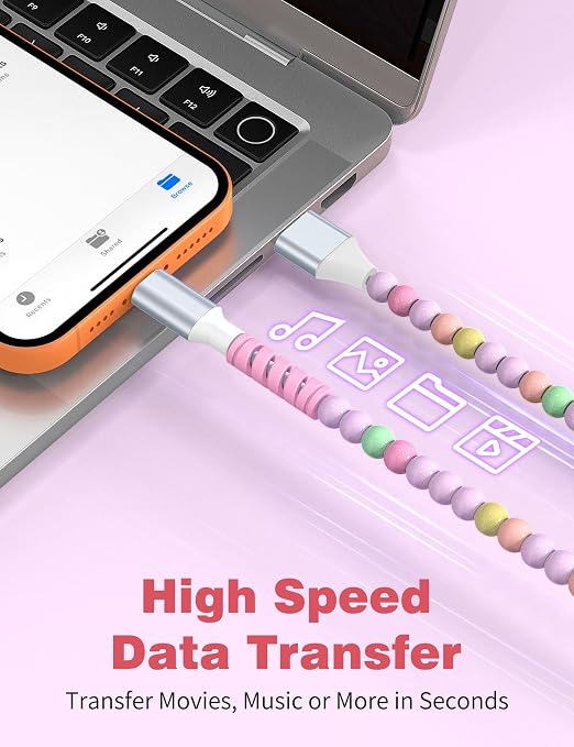 USB A to USB C Cable 6FT,Beaded Charger Cord for iPhone 17 16 Pro Max 17e 16e 15 Car Play,Type C Cute Car Charger Cord for iPad 10 11th/Samsung S26 S25 Ultra S24/Android Phone Girls Women,Pink-Green