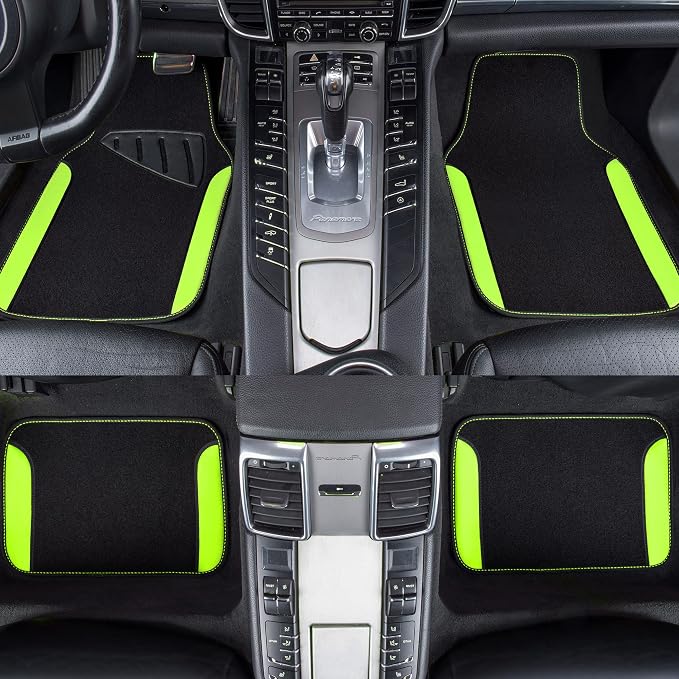 Fluorescent Leather & Waterproof Car Carpet Floor Mats, Universal Car Mats Fit for SUV,Vans,sedans, Trucks,Set of 4pcs Car Carpet with Anti-Slip nibbs Driver Heel Pad (Black Green Lime)