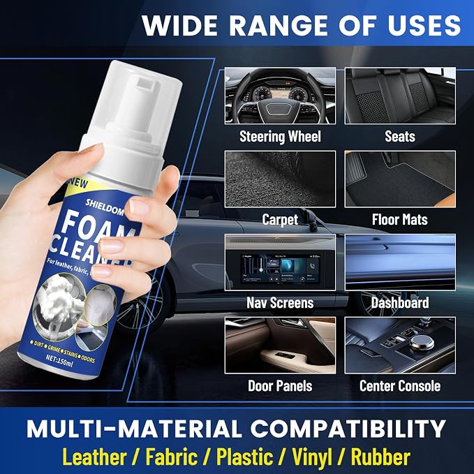 Car Interior Foam Cleaner Multifunctional Car Seat Cleaner Powerful Carpet Upholstery Stain Remover Kit with Detailing Brush & Towel Safe for Cloth, Leather, Fabric, Vinyl & Plastic 5oz