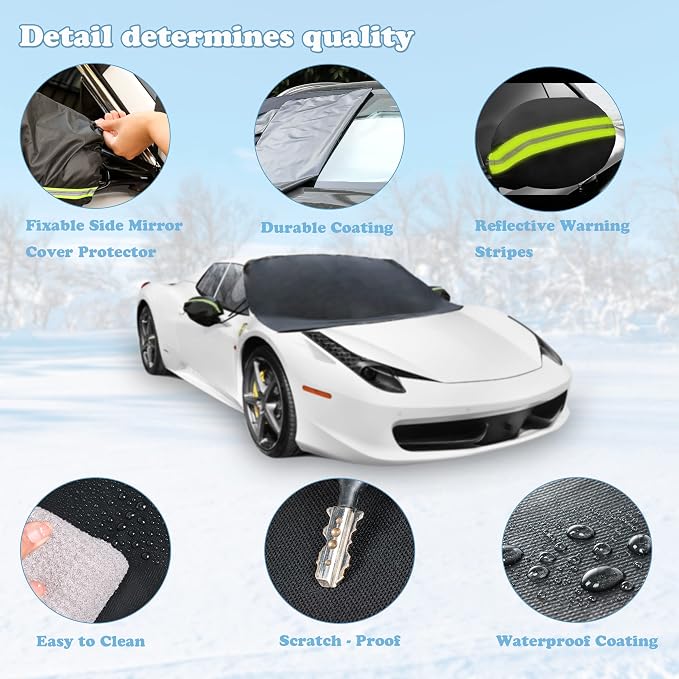 Car Windshield Snow Cover for Ice and Snow- Durable 600D Oxford Fabric with Side Mirror Covers Ice Scrapers Waterproof Windproof Dustproof Windshield Covers Universal Fit for Most Vehicle