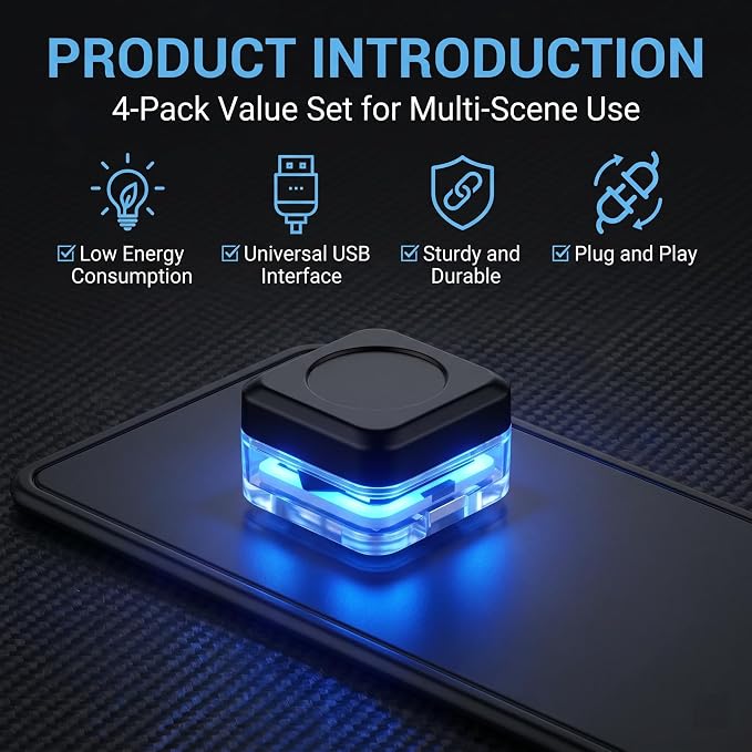 4 PCS Car Interior USB LED Lights, Square Ambient Mood Decorative Lamp, Portable Mini Soft Glow Night Light, Universal Plug and Play Lighting Accessory for Car & Home & Camping (Blue)