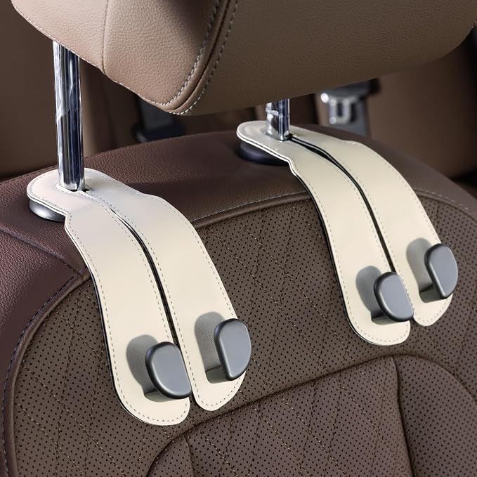 CoBak Purse Hook for Car - Universal Premium Stitched Leather and Aluminum-Magnesium Alloy Double Car Seat Back Storage Hook for Purses, Handbags, Bags (2 Pack),Beige