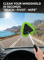 Window & Windshield Cleaner, Extendable, 3 Microfiber Pads (Green) | Pivoting Triangle Head Wiper Cleans Interior & Exterior Glass, 3 Washable Reusable Bonnets, Lint-Free