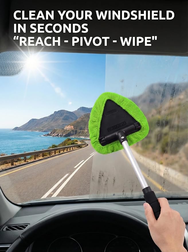 Window & Windshield Cleaner, Extendable, 3 Microfiber Pads (Green) | Pivoting Triangle Head Wiper Cleans Interior & Exterior Glass, 3 Washable Reusable Bonnets, Lint-Free
