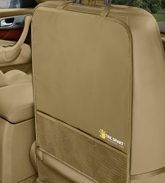 Luxury Clean-Edge Kick Mat w/Mesh Pocket - Seat Back Protector and Seat Cover with Invisible Strap and Stiff Edging - Light Tan/Light Beige (1 Mat)