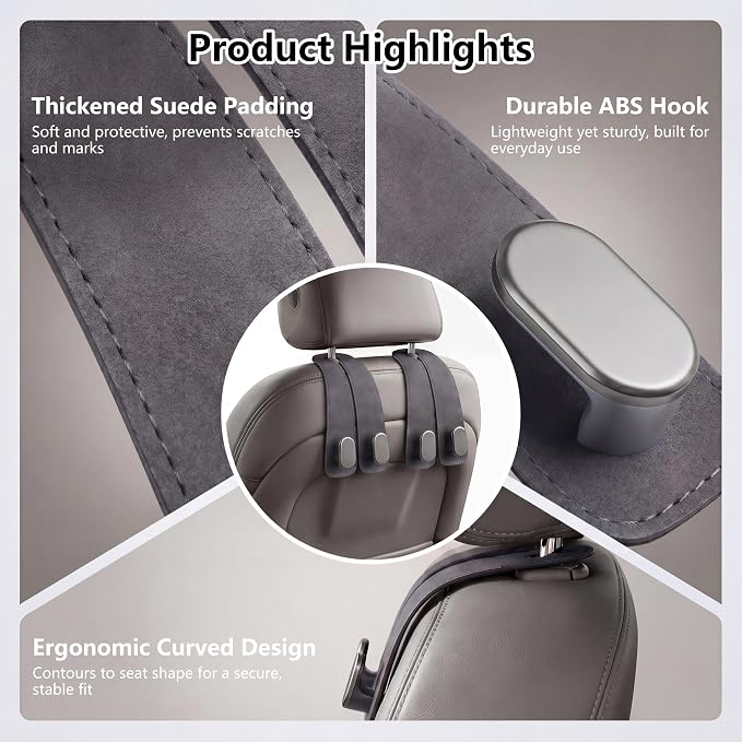 Car Seat Headrest Hooks for Purses & Shopping Bags, 2 Pack Suede Car Purse Hook, Double Hooks Secure Bags While Driving, Elegant & Durable, Simple to Install, Fits Handbags, Grocery Bags, Bottles.