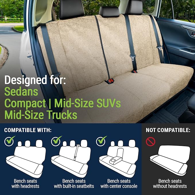 Back Seat Towel Seat Cover for Cars; Great for After Gym Workouts, Dogs, and Outdoor Activities; Universal Fit for Cars SUVs Vans Trucks Rear Seats, EZ fit, Non Slip Grip, Tan