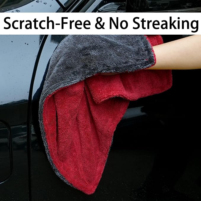 2 Pack Car Drying Towel, Premium Microfiber Towels for Cars, 1000GSM, Edgeless Twisted Loop Design, No Streaks, Scratches, or Water Spot, Absorbent Wash Towel, 18" x 24" (Red&Grey)