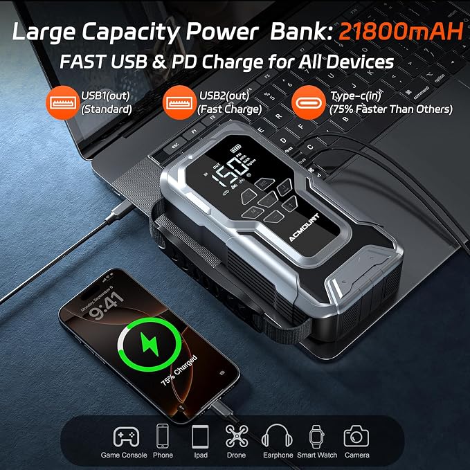 D18 Jump Starter with Air Compressor, 6000A Car Battery Jumper Starter Portable(All Gas/10.0L Diesel), 150PSI Tire Inflator Air Pump, 12V Jump Pack, 800LM Flashlight, Car Gift for Men