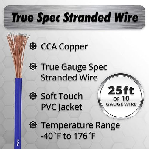 10 Gauge Wire (25ft) Copper Clad Aluminum CAA - Primary Automotive Wire, Car Amplifier Power and Ground Cable, Battery Cable, Car Audio Speaker Stereo, RV Trailer Wiring Welding Cable 10ga