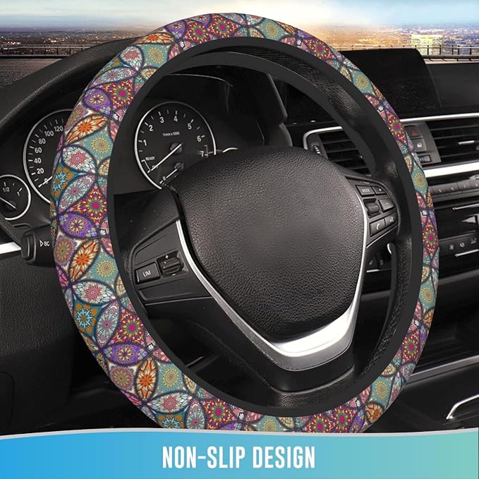 Elastic Steering Wheel Cover Car Accessories Cute Universal 15 Inch Absorbing Sweat Non-Slip Breathable for Woman - Colorful Mandala