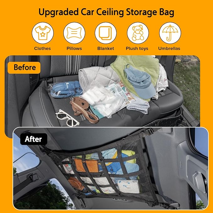 Car Ceiling Cargo Net with 3 Pockets,31.5"x21.6" Car Overhead Storage Mesh Organizer,Double Layer Roof Mesh Camping Overlanding Gear Must Haves Cargo Net,Road Trip Essentials (31.5"x 21.6")