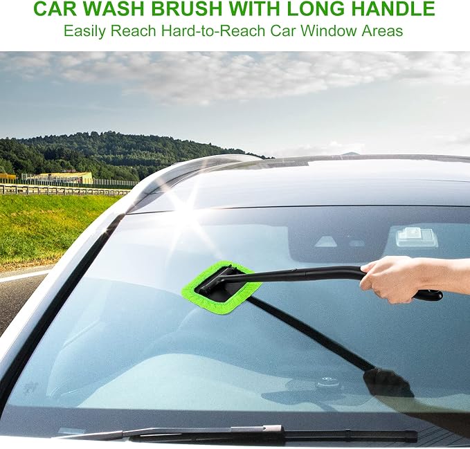 XINDELL Windshield Cleaning Tool, Driver-Control Long Reach Car Window Cleaner with Ergonomic 22" Handle & Microfiber Pads, No Streak Auto Glass Cleaner for Interior Windshield, SUV, Truck & Car Glass