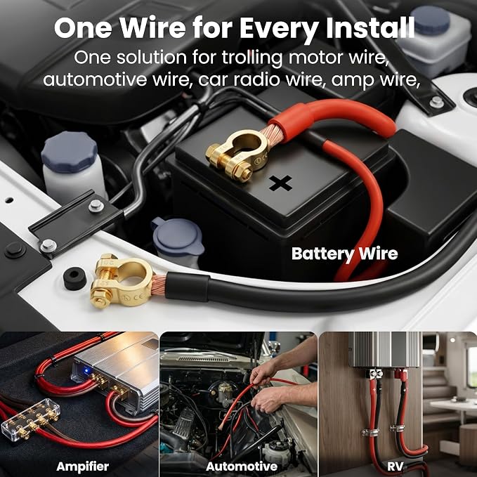 4 Gauge Wire Kit CCA 3-in-1, 4 AWG Power Ground Battery Cable 25 ft Black/Red, with Lugs & Heat Shrink