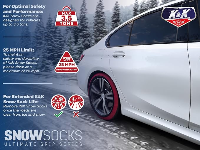 K&K Auto Snow Socks for Tires – Pro Series for Ultimate Grip Approved Snow Chain Alternative Traction Device – Tire Sock for Car Sedan Coupe – Winter Travel Accessory Emergency Kit – Medium (2pcs)