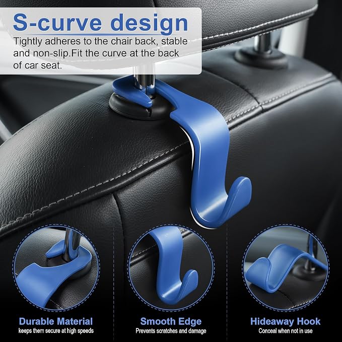 Car Seat Headrest Hook, Car Headrest Hidden Hook, 4 Pack Universal Auto Car Back Seat Hook Organizer for Purse Coat, Car Interior Accessories (Blue)