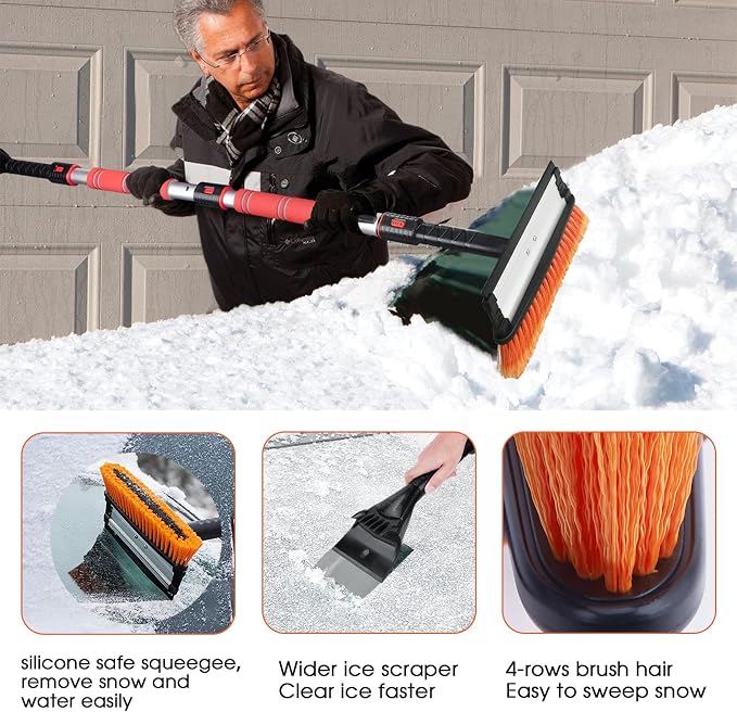 62.4" Extendable Ice Scraper Snow Brush with Squeegee for Windshield Window Car Trucks SUVs, 270° Pivoting Brush Head, Essential Winter Tool Ice Snow Remover with Comfortable Foam Grip