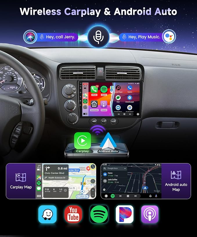 【Built-in DSP】Android Car Stereo for Honda Civic 2001 2002 2003 2004 2005 Radio Wireless Carplay Android Auto GPS Chip, 9 Inch Touch Screen 26UIs Mirror Link Bluetooth WiFi FM/RDS Backup Camera