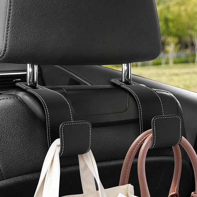Leather Car headrest Hook for Purses and Bags (Black, 2pcs) | Leather wrap hook with Larger strap holder, friendly to your leather purse. Strong load up to 44lbs.