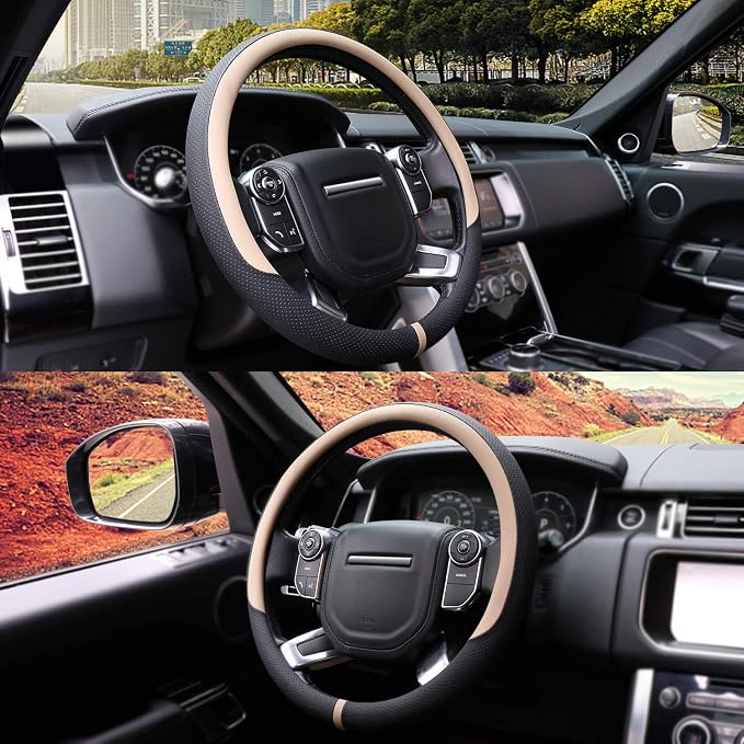 Breathable Car Steering Wheel Cover 16 inch Auto Universal Leather Wrap Non-Slip Steeringwheel Protector Automotive Interior Accessories, Beige (Suit for 15 1/2-16 inch)