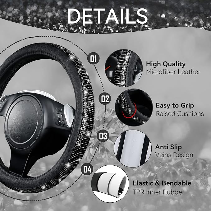 11 PCS Bling Diamond Car Accessories for Women, Sparkly Rhinestone Steering Wheel Cover, Bling Seat Belt Cushion, Glitter Shift Knob Cover, Car Cup Holder Coaster, Cute Interior Sets Black