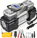 Dual Cylinder Tire Inflator Air Compressor, 150 PSI 12V DC Portable Air Pump with Digital Display, LED Flashlight, Auto Shut-Off, Heavy Duty for Truck, SUV, Car, RV (SILIVER)