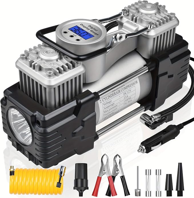 Dual Cylinder Tire Inflator Air Compressor, 150 PSI 12V DC Portable Air Pump with Digital Display, LED Flashlight, Auto Shut-Off, Heavy Duty for Truck, SUV, Car, RV (SILIVER)
