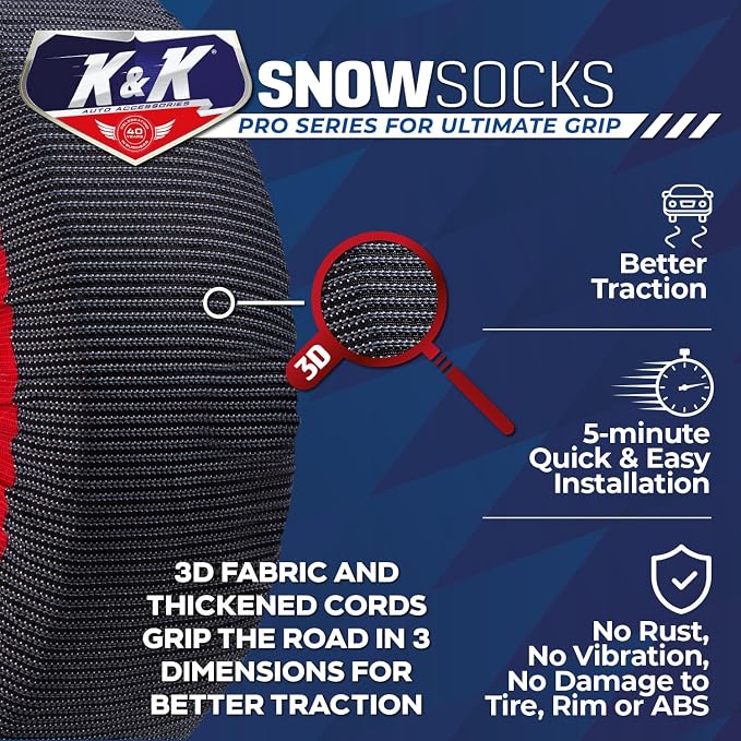 K&K Auto Snow Socks for Tires – Pro Series for Ultimate Grip Approved Snow Chain Alternative Traction Device – Tire Sock for Car SUV Sedan Coupe – Winter Travel Accessory Emergency Kit – Large (2pcs)
