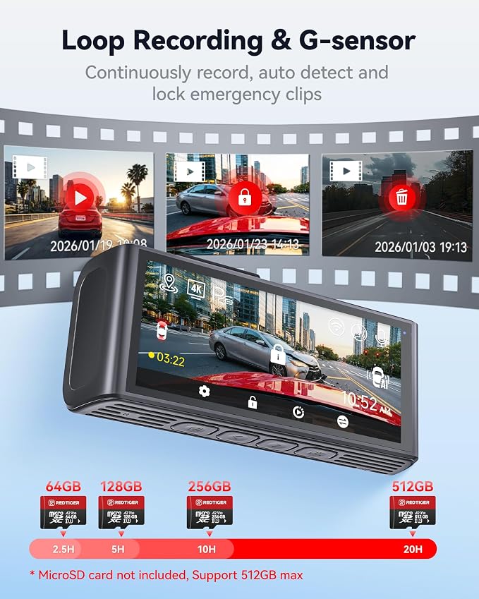 F7NA 4K Dual Dash Cam, STARVIS 2 IMX678, 8MP, 5GHz WiFi (20MB/s Fast Download), 4K Front 1080P Rear, GPS, Voice Control, WDR, HDR Night Vision, 24H Parking Mode, Support 512GB Max(No SD Card)