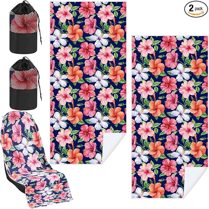 Car Seat Towel Covers with Storage Bag, 63 x 32 Inch Universal Non Slip Waterproof Sweat Protector for Car Truck, Gym Swimming Running, Machine Washable(2 Pack,Summer Flower Hibiscus)