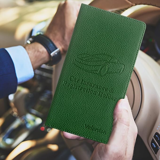 Premium Car Registration and Insurance Card Holder, Car Document Holder for Cards, Driver License & other Essential Documents (Dark Green)