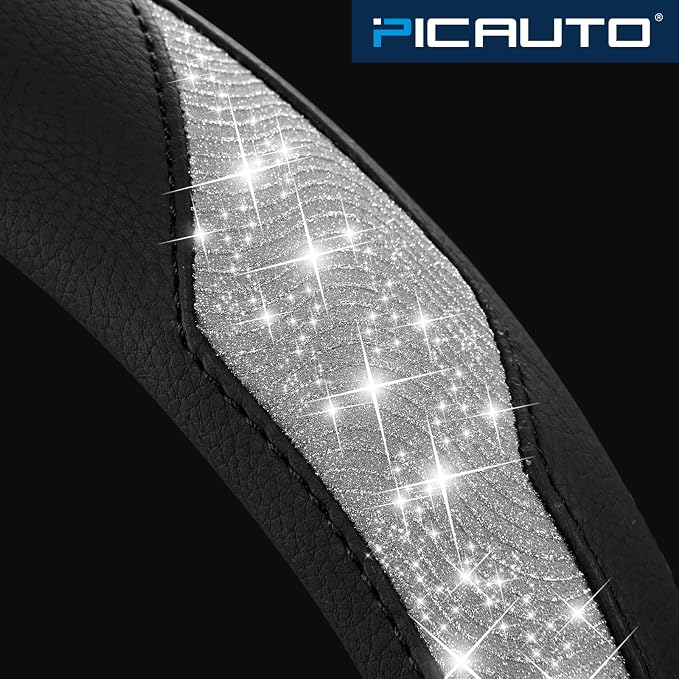 Steering Wheel Cover, Silver Sparkly Crystal Bling Glitter with Leather, Universal Fit 14.5"-15.5" Car Steering Wheels for Girls & Women, Anti-Slip Wheels Cover for Cars, Trucks, Van, SUVs