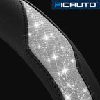 Steering Wheel Cover, Silver Sparkly Crystal Bling Glitter with Leather, Universal Fit 14.5"-15.5" Car Steering Wheels for Girls & Women, Anti-Slip Wheels Cover for Cars, Trucks, Van, SUVs