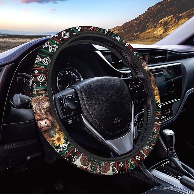 Aztec Highland Cow Sunflower Car Steering Wheel Cover Universal 15 Inch Breathable Better Grip, Cute Car Accessories Decoration for Women Men