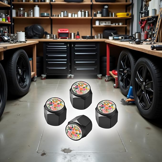 Tire Valve Stem Caps Cover,4 Pcs Metal Black Air Valve Cap, Aluminum Car Wheel Stem Caps,Universal Stem Covers for Cars,Trucks,Bikes,Bicycles, Motorcycles,Corrosion Resistant (Floral)