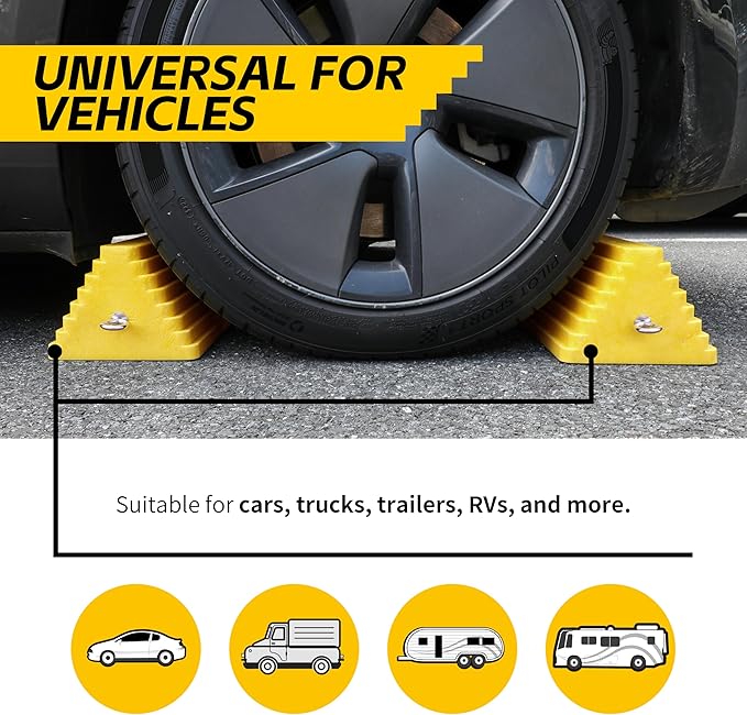51169 Polyfoam Wheel Chocks with Steel Eyebolt – 2-Pack – 10″ × 8″ × 6″ Heavy-Duty Structural Foam – Bright Yellow – Vehicle & Trailer Safety for Cars, Trucks, RVs, Boats, ATVs