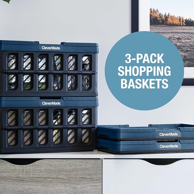 Collapsible Shopping Basket with Handles – 24L 3 Pack Collapsible Grocery Tote, Plastic Storage Baskets Fold Flat, Stackable Collapsible Storage Bins for Car & Home - Obsidian