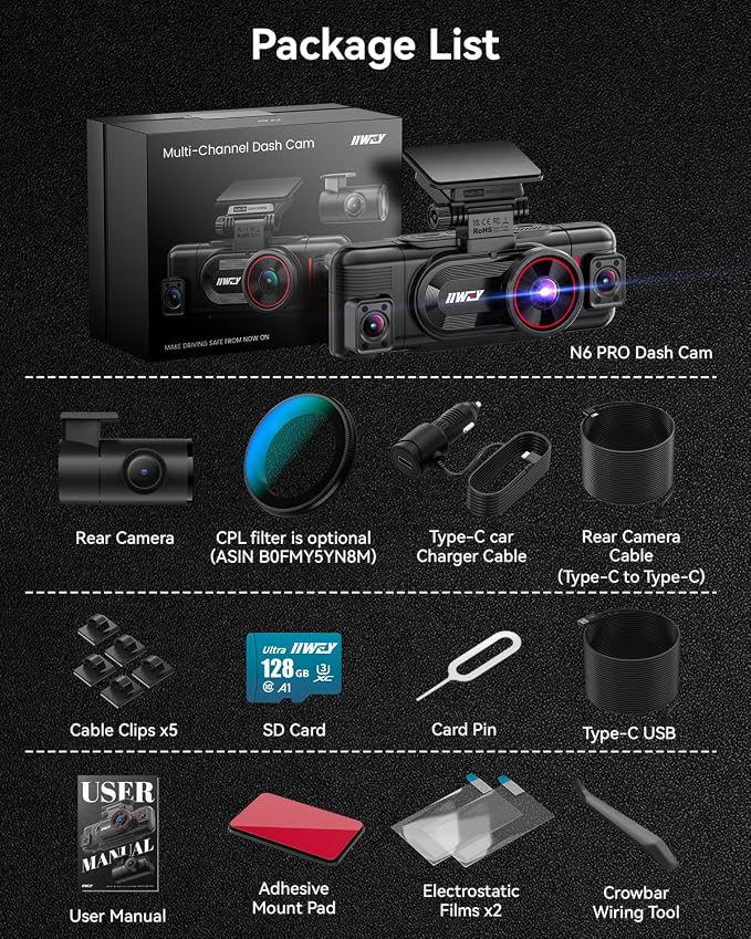 N6 PRO STARVIS 2 4K 4-Channel Dash Cam, 360° All-Around View (4K+1080Px3), Front Rear and Dual Inside Car Camera, 5GHz WiFi, GPS, 8-IR Lamps Night Vision, Free 128GB Card, 24/7 Parking Mode